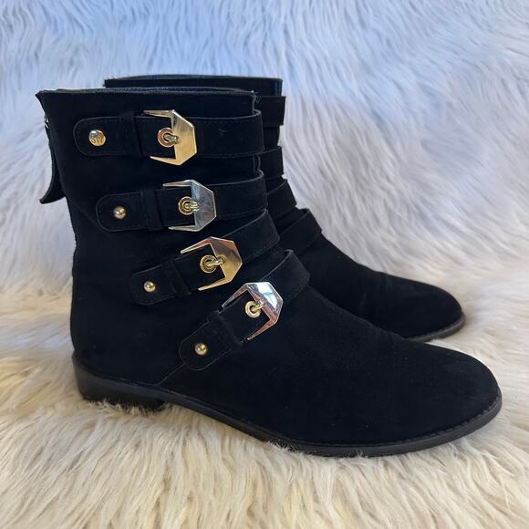 Stuart Weitzman Jitterbug Buckle Moto Boots Suede Flat Ankle Boots Black - Picture 3 of 13